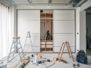 Funkcjonalne wnętrze szafy przesuwnej z systemem półek i wieszaków